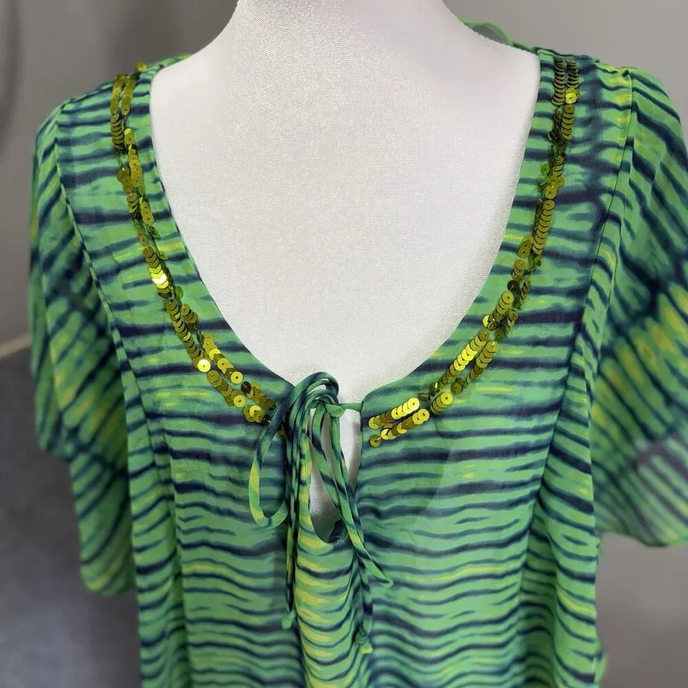 Victorias Secret Green Tie Dye Sequin Trim Sheer Swim Cover Up Tunic Dress M/L